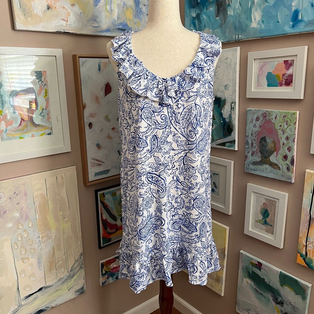 Lauren Ralph Lauren Blue Paisley Sleeveless Dress Ruffle Coastal Preppy Size S